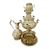سرویس سماور برنجی مدل ذغالی 5 پارچه طرح گل و مرغ