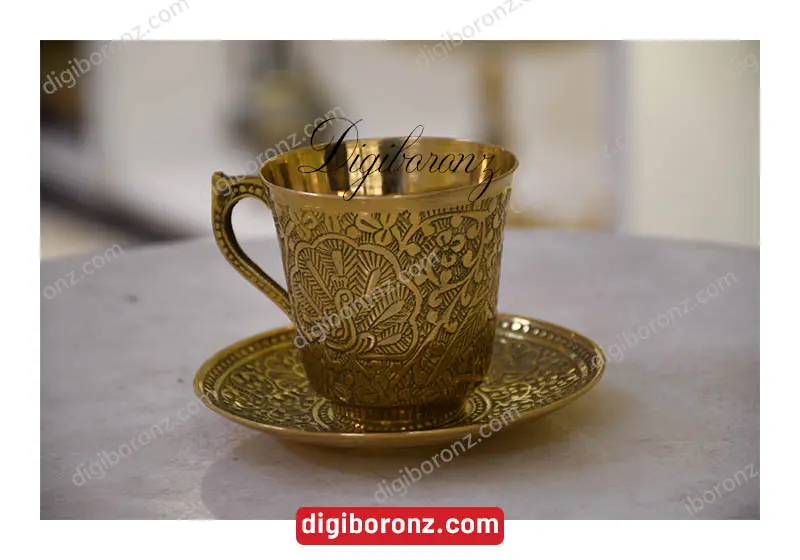 فنجان نعلبکی کشیده برنجی برنزی هندی طرح طاووس درجه یک