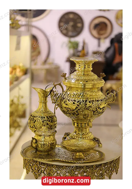 سماور مدل آب طلا مهسان با سرویس پایه و دسته برنجی برنزی ( بدون سینی و آبچکان)