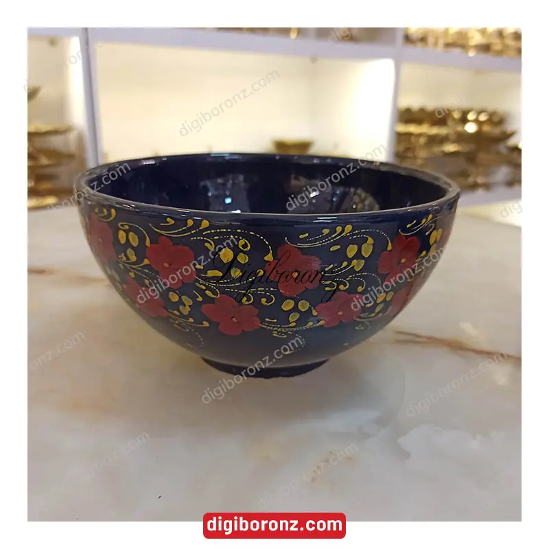 کاسه سفالی آبگوشت دونفره سرمه ای گل قرمز