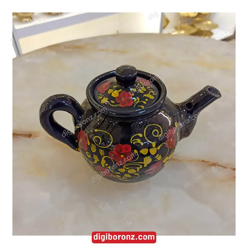 قوری سفالی سرمه ای گل قرمز