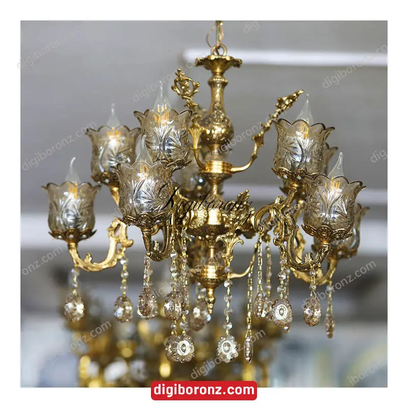 لوستر سه طوق برنجی برنزی پنج شاخه دو گل کوچک