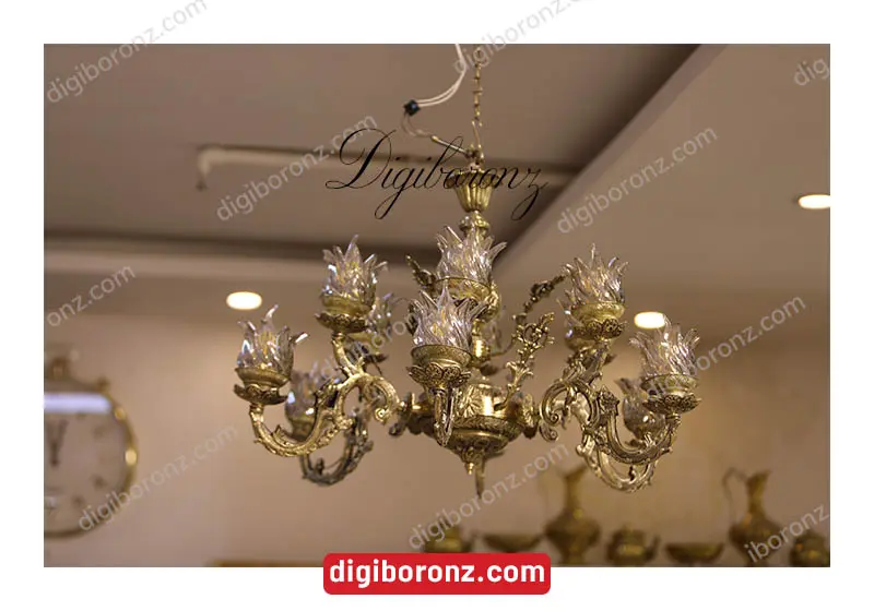 لوستر دو طوق برنجی برنزی ۶ شاخه دو گل بزرگ