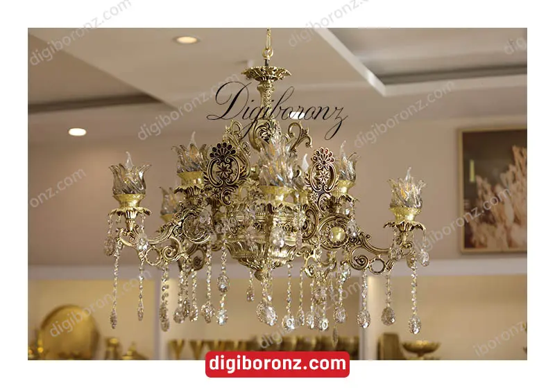 لوستر ۱۰ شعله عباسی آتیشی یاسی بزرگ طلایی