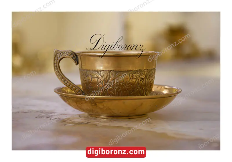 فنجان نعلبکی برنج برنزی طلایی شده هندی طرح گل
