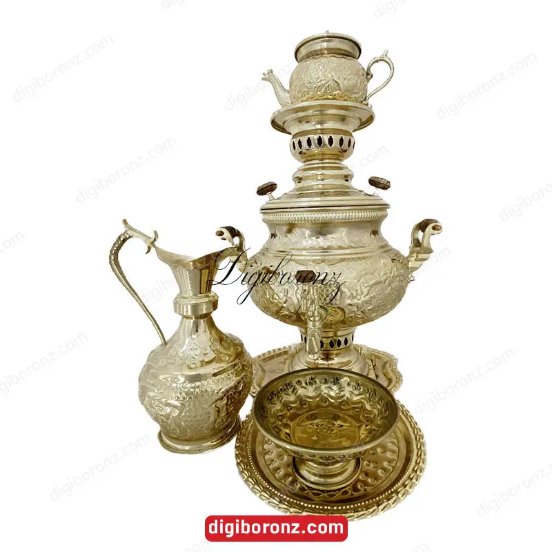 سرویس سماور برنجی مدل ذغالی 5 پارچه طرح گل و مرغ