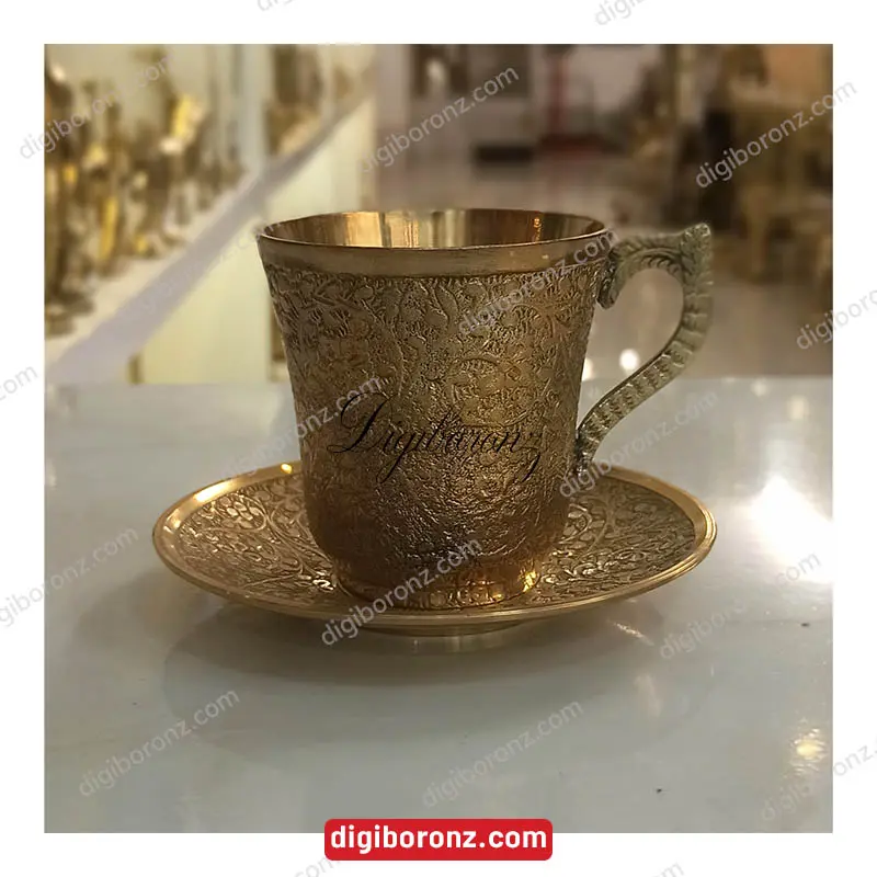 فنجان نعلبکی برنجی برنزی هندی کشیده طرح گل سایز بزرگ