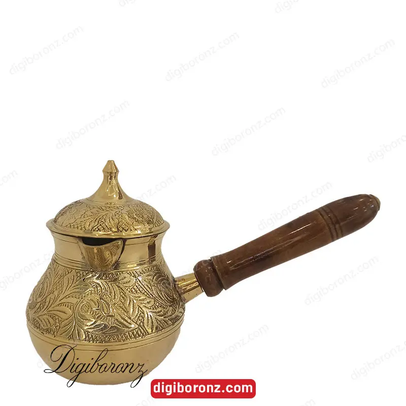 قهوه جوش برنجی برنزی مدل دسته چوبی دردار طرح گل سایز 400 سی سی